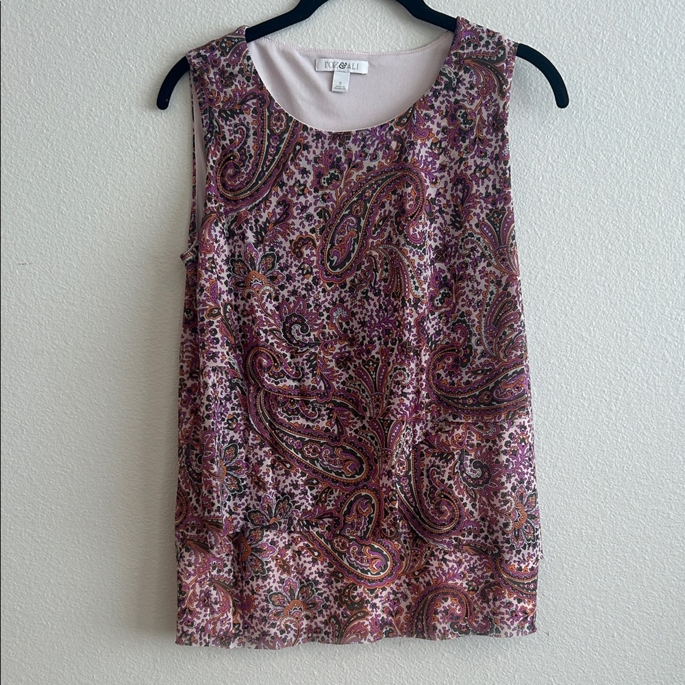 Roz & Ali Sleeveless Paisley Blouse | Multicolor Boho Print Top | Women’s Size S